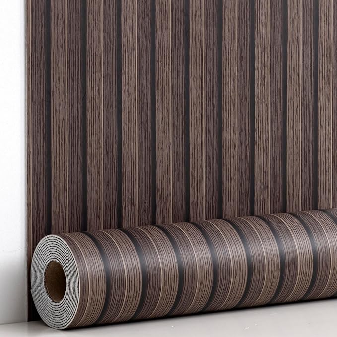 Haimin Wood Grain Slat Wall Panels Peel and Stick Faux Wood Thick Wallpaper 118"x15.75" Waterproof PET & IXPE Foam Paneling (Dark Brown)
