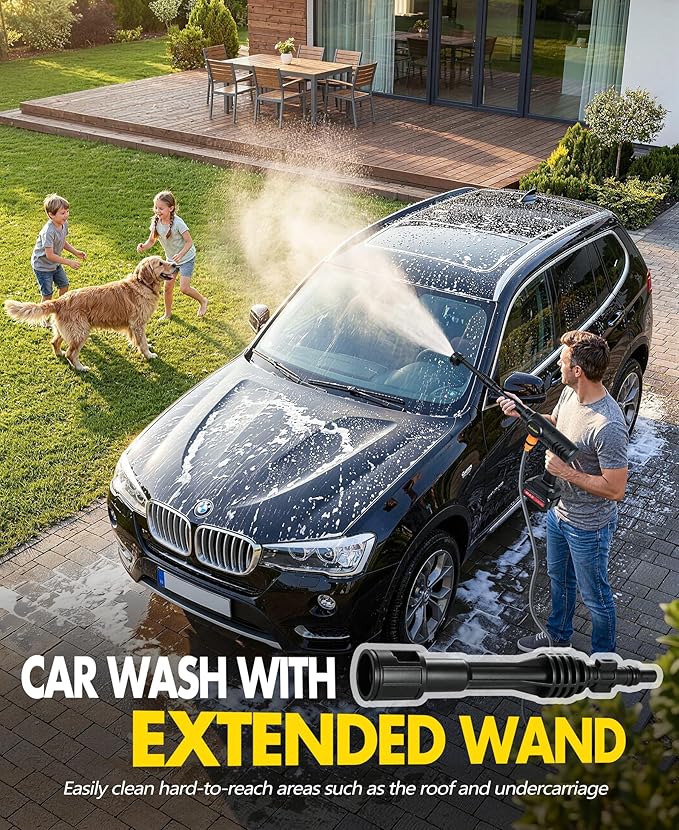 PoolLeader Cordless Car Cleaning Tool, Lightweight Portable Car Cleaner with 6-in-1 Nozzle & Foam Cannon, Battery Operated Cordless Car Wash Spray, Handheld Wash Machine for Car, Patio, Home - Yellow