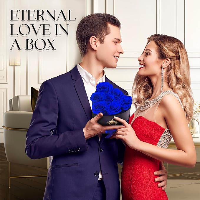 GLAMOUR BOUTIQUE 7 Flower Forever Heart Shape Box, for Mom, Eternal Preserved Roses Gift for Her, Him, Lasting Flowers Bouquet, for Birthday, Anniversary, Blue (Color-Treated)