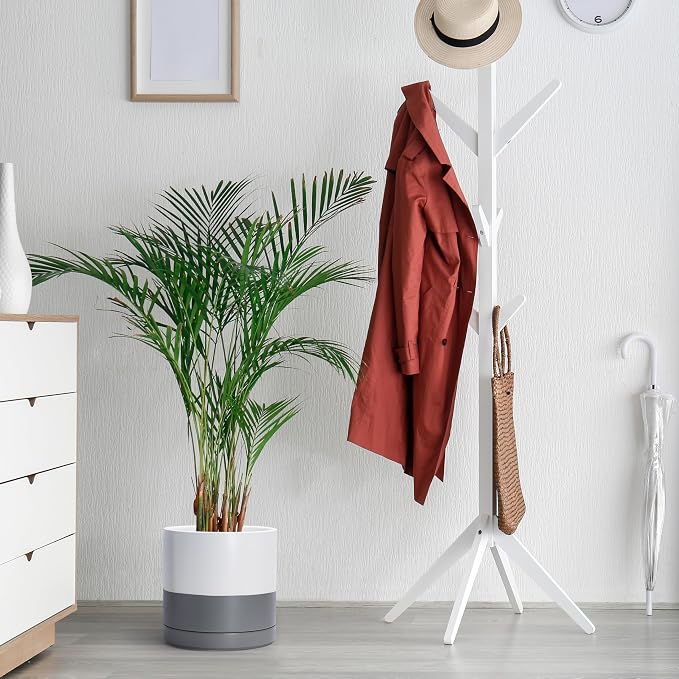 D'vine Dev 10 Inch Ceramic Planter Pot, White/Grey, 94-O-E-6 | Modern Cylinder Design, Drainage Hole & Saucer Included, Stable Structure, Elegant Home Accent