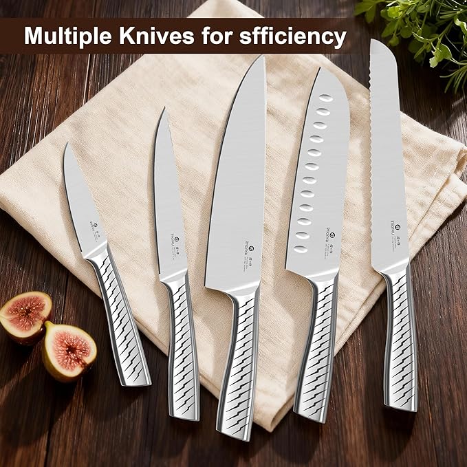 imarku 14-Piece Knife Set with Block, High Carbon Stainless Steel Kitchen Knives with Built-in Sharpener, Dishwasher Safe, Ergonomic Non-Slip Handle, Perfect for Home Cooks & Chefs, Brown