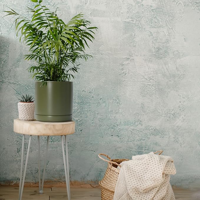 D'vine Dev 8.2 Inch Ceramic Planter Pot, Olive, 94-O-D-J | Modern Cylinder Design, Drainage Hole & Saucer Included, Stable Structure, Elegant Home Accent