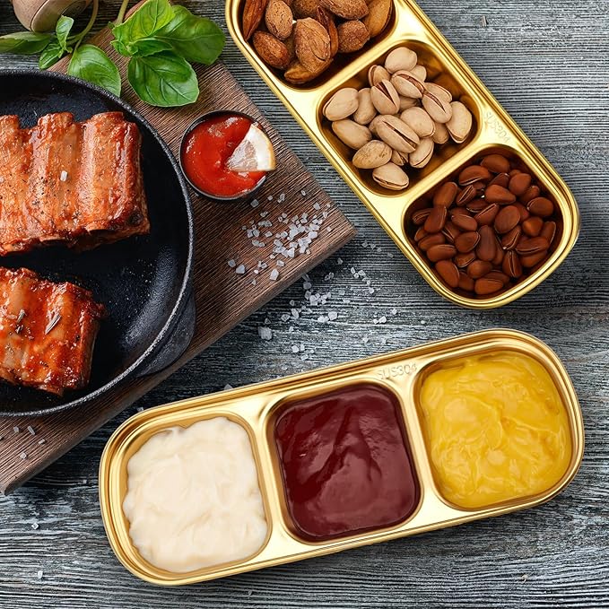 Maxcheck 12 Pcs Soy Sauce Dish Stainless Steel Divided Dip Bowls Korean 3 Compartment Sauce Plate Seasoning Dipping Condiment Tray for BBQ Vinegar Spice Salt Sugar Flavor Home Restaurant (Gold)