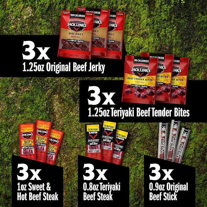 Jack Link's Beef Jerky Variety Pack Gift Basket - 15 Pack - Assorted Jerky, Steaks, and Meat Sticks - Ready to Eat Protein Snacks - Made with 100% Real Beef - Valentine's Day Gift for Him