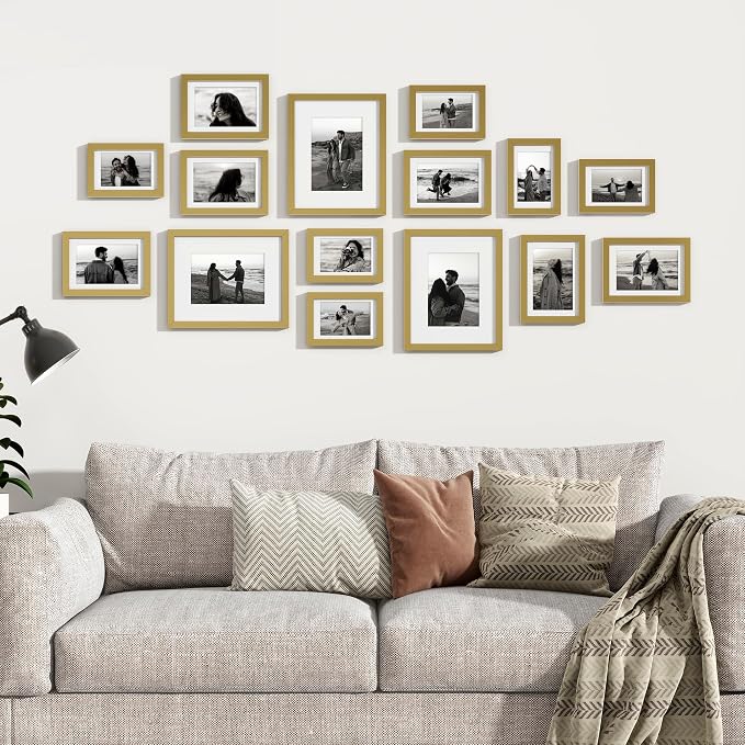 Venusmiles 15 Pack Picture Frames Collage Wall Decor, Gallery Frame Set for Wall Mounting or Tabletop Display, Multi Sizes Including 3pcs 8x10, 6pcs 5x7, 6pcs 4x6, Gold