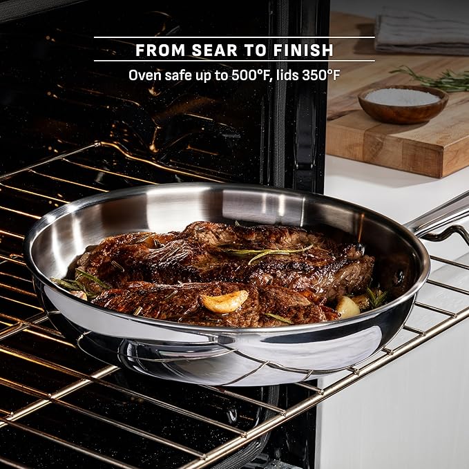 T-fal Pro Tri-Ply Stainless Steel Cookware Set 13 Piece Induction Compatible, Oven Safe 500F, Lids 350F, Fast & Even Heat, Pots and Pans Set, Professional Quality, Kitchen Essentials, Silver