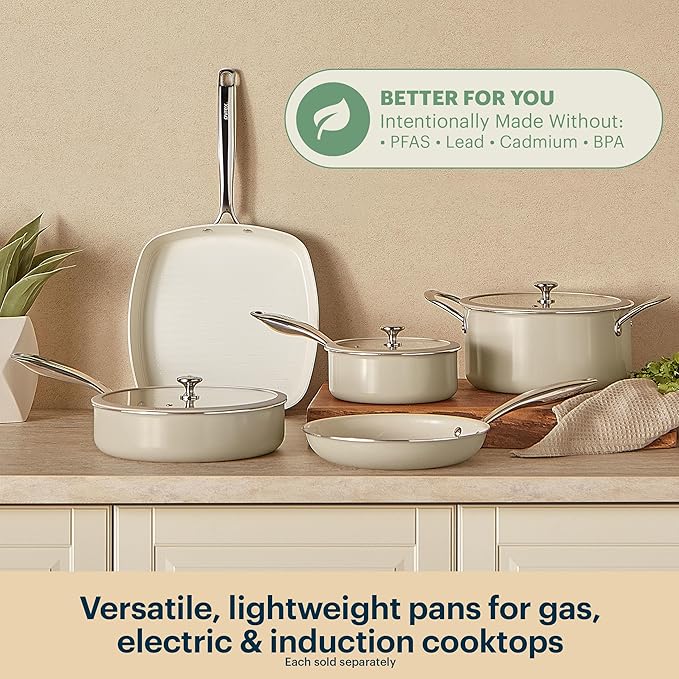 Pyrex 2-Piece Ceramic Cookware Grill & Fry Pan Set with Stainless Steel Handles, Healthy Nonstick Ceramic Coating, Induction Compatible Stainless Steel, PFAS Lead Cadmium BPA Free