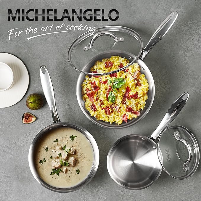 MICHELANGELO 3 Quart Saucepan with Lid, 18/10 Stainless Steel Sauce Pan with Tri-Ply Bottom, 3QT Sauce Pot, Induction Compatible
