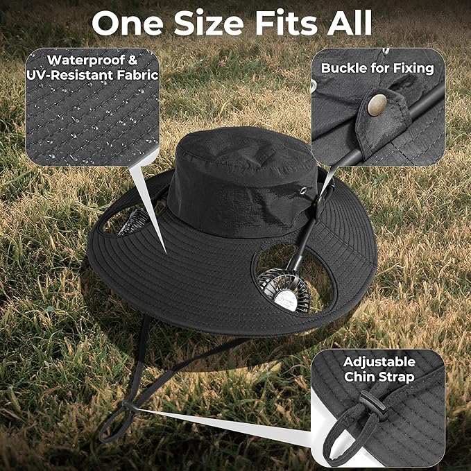 Cooling Sun Hat with Fan Rechargeable, UPF50+ Bucket Hat, 8-16H Neck Fan Hat for Camping Beach Essentials, Gift for Men Women