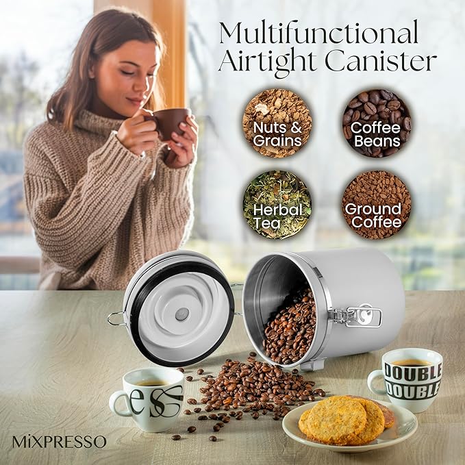 Mixpresso White 16 Oz Stainless Steel Coffee Canister with Scoop – Airtight Coffee Container with CO2 Valve for Bean Storage, Date Tracker Lid