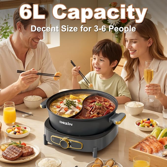 Dezin 6L Hot Pot Electric with Divider, Shabu Shabu Pot with Power Control | Removable 1500W Chinese Hot Pot, Non-Stick Hotpot with Multi-Power Adjustment, 3" Depth Double-Flavor Pot with Silicone Ladle
