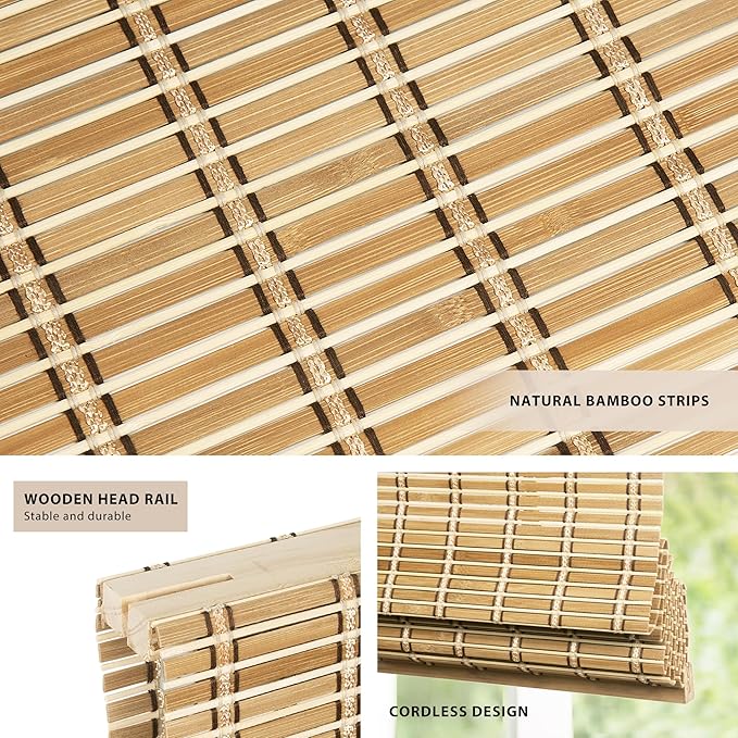 LazBlinds No Tools No Drill Cordless Bamboo Roman Shades, Light Filtering Window Treatment, Roll Up Bamboo Blinds for Windows 28'' W x 64'' H, Natural 306