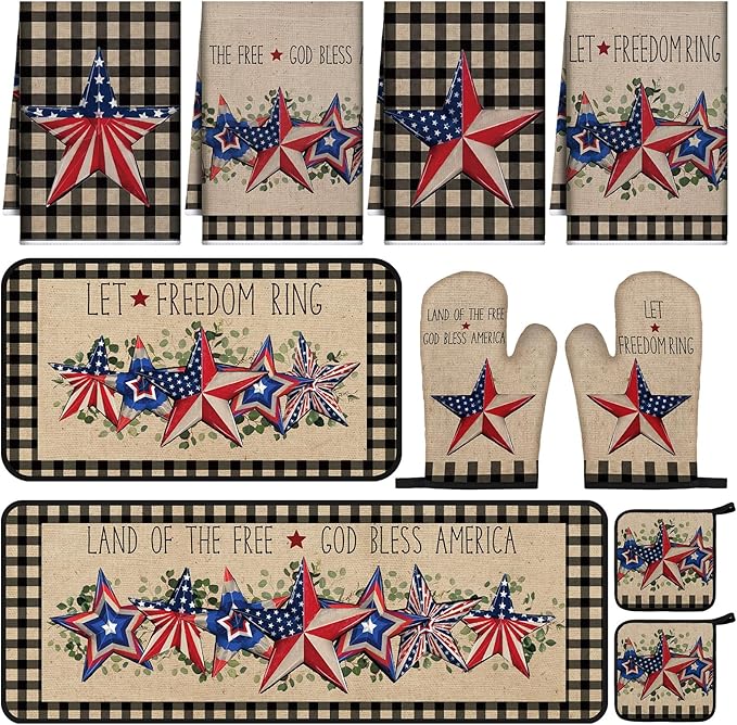 Fourluoo 10 Pcs 4th of July Kitchen Decor and Accessories Red Blue and White Oven Mitts and Pot Holders Set Vintage Dish Towel Patriotic Independence Day Kitchen Decor for 250th Anniversary Women Gift