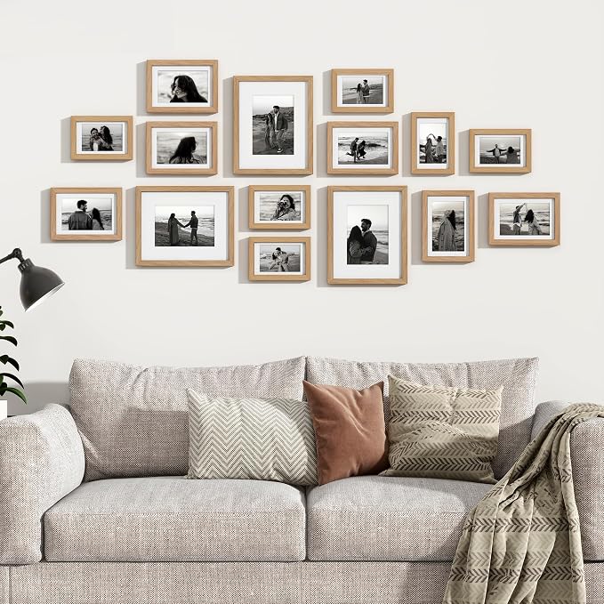 Venusmiles 15 Pack Picture Frames Collage Wall Decor, Gallery Frame Set for Wall Mounting or Tabletop Display, Multi Sizes Including 3pcs 8x10, 6pcs 5x7, 6pcs 4x6, Oak
