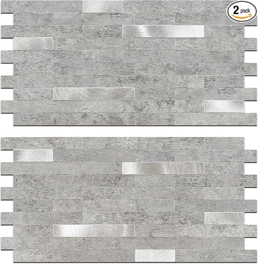 StyloVue 2 Sheets Peel and Stick Backsplash for Kitchen, Slate Gray with Metal Silver Look Stick on Tile Upgrade Your Kitchen Backsplash, RV, Fireplace