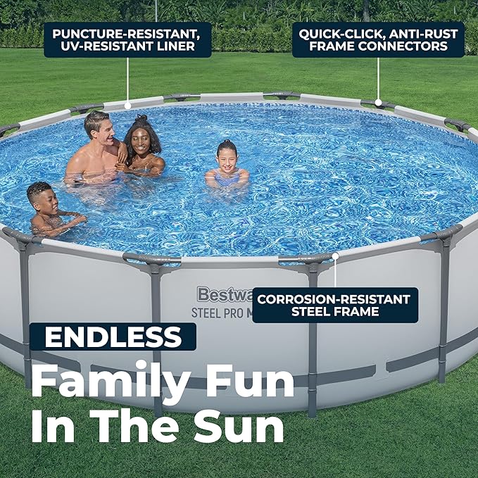 Bestway Steel Pro MAX 14' x 42" Above Ground Pool, Round Metal Frame Outdoor Swimming Pool Set with Filter Pump, Ladder, and Cover, Gray