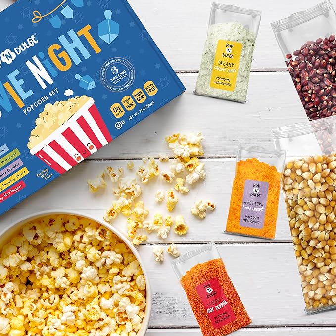 Hanukkah Gifts Movie Night Popcorn Gift Set, Kosher OU-D, Gift Baskets, 5 Gourmet Popcorn Kernels and 5 Flavoring, Non-GMO Hanukkah Set - 10 Pack, Gifts Ideas For Men, Women, Kids