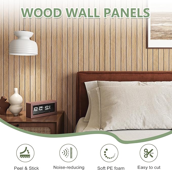 ReWallpaper Self Adhesive Wood Panels for Wall Peel and Stick Light Oak Faux Wood Slat Wall Panel Waterproof Sound Proof Foam Panels for Bedroom Bathroom Living Room Door DIY Home Decor 12in x 10ft