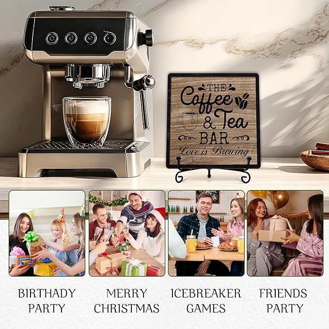 Coffee Bar Sign, Love is Brewing Farmhouse Tabletop Decor, Coffee and Tea Lover Gifts, 5x5 Wood Plaque with Iron Stand for Home Kitchen Cafe, Coffee Bar Decor – L02