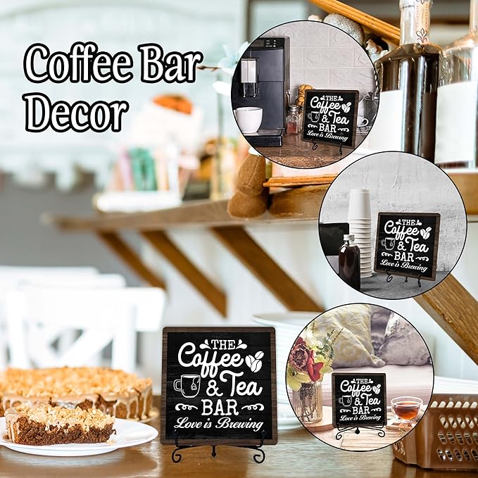 Coffee Bar Sign, Love is Brewing Farmhouse Tabletop Decor, Coffee and Tea Lover Gifts, 5x5 Wood Plaque with Iron Stand for Home Kitchen Cafe, Coffee Bar Decor – L05