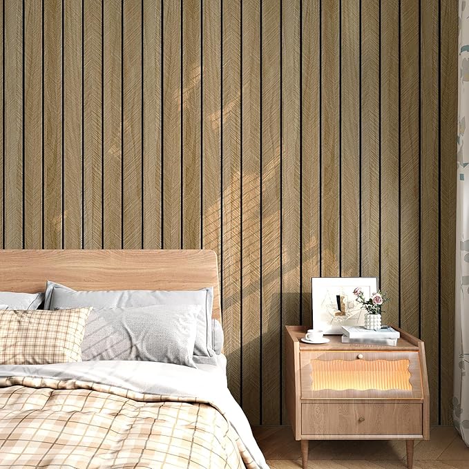 Brown Wood Panels for Wall 3D Wood Slat Wall Panel Acoustic Faux Wooden Slat Wallpaper Self Adhesive Herringbone Shiplap Peel and Stick Wallpaper for Bedroom Living Room Entrance Hall Decor