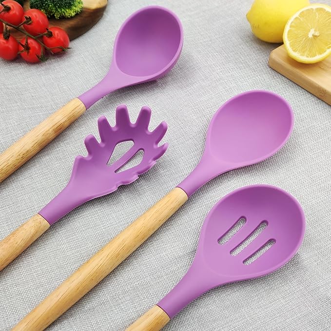Kitchen Utensils Set 12 Pieces Nonstick Silicone Cooking Utensils Wood Handle Silicone Cooking Utensils Set with Holder Dishwasher Safe BPA Free (Purple)
