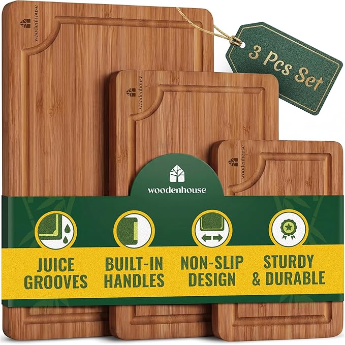 Set of 3 Bamboo Cutting Boards for Kitchen - Thick & Durable Wood Cutting Boards Set with Deep Juice Grooves & Build-in Handles, Large Surface, Easy to Clean – for Meat, Vegetables and Fruits