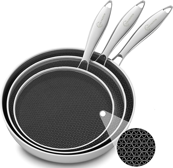LOLYKITCH Frying Pan Set Nonstick, 8/10/12 Inch Stainless Steel Cookware Set Skillet with Detachable Handle, Induction & Oven Safe, Professional Non-Toxic PFOA Free Pans for Everyday Cooking