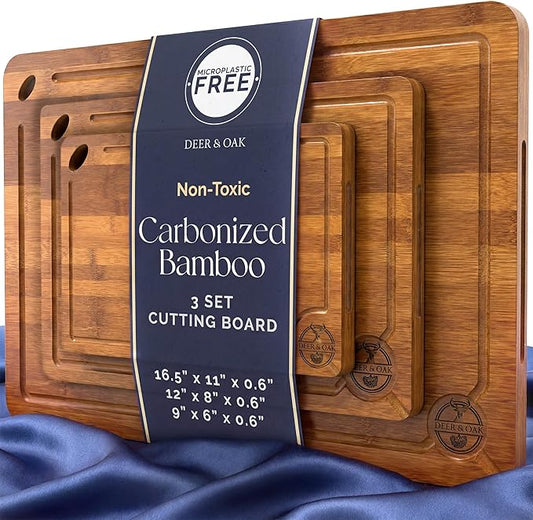 Pre-Oiled, Non Toxic 3-Piece Carbonized Bamboo Cutting Board Set, Eco-Friendly Wooden Chopping Boards for Kitchen with Hanging Hole, 500°F Carbonized Technology Charcuterie Serving Boards Deer & Oak