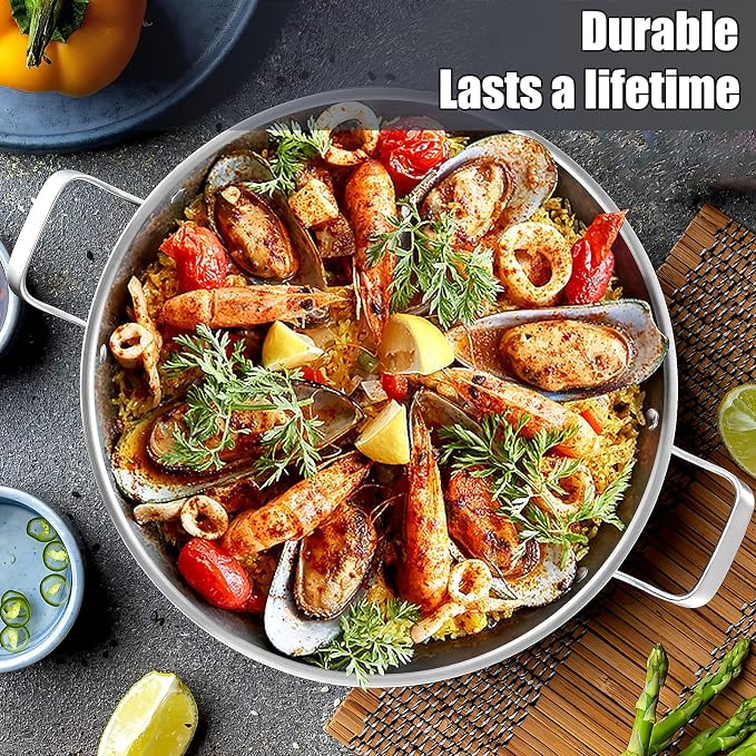 DELARLO 10 Inch Tri-Ply Stainless Steel Paella Pan with Lid, Large Induction Skillet & Jumbo Frying Pan, Heavy Duty Cookware for Paella Parties, Indoor & Outdoor Use