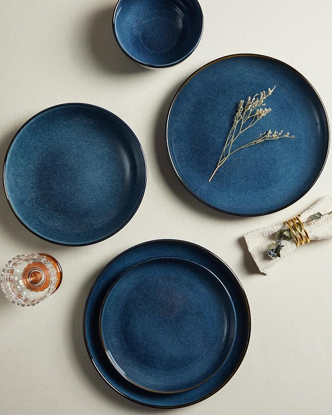 Pokini Stoneware Dinnerware Sets Service for 4, 12 pcs Reactive Glaze Plates and Bowls Sets, Handmade Ceramic Dish Set, Highly Chip and Crack Resistant Modern Plate Set, Starry Blue