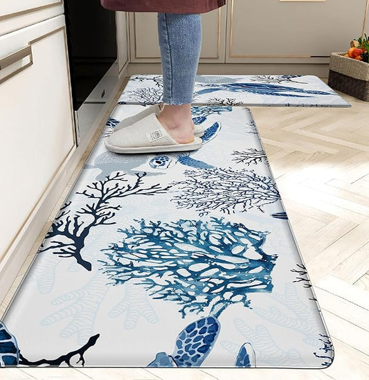 Coastal Beach Kitchen Floor Mat Rugs Nautical Decorative Coral Sea Turtle Kitchen Rugs Anti Fatigue Mats Non-Slip Comfort Standing Cushioned for Kitchen 17.3" 28" + 17.3" x 47" Set 2 Pcs Navy Blue