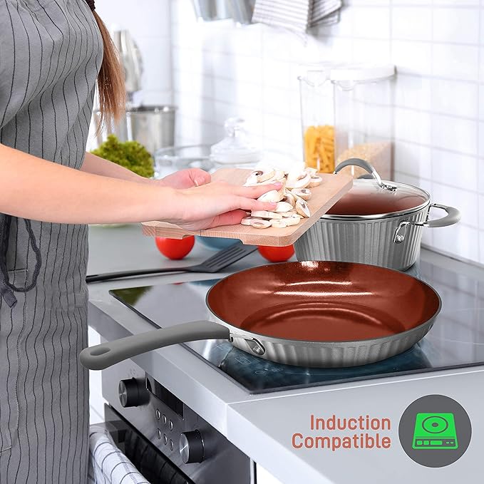 NutriChef Nonstick Cookware Excilon |Home Kitchen Ware Pots & Pan Set with Saucepan, Frying Pans, Cooking Pots, Lids, Utensil PTFE/PFOA/PFOS free, 11 Pcs, Gray