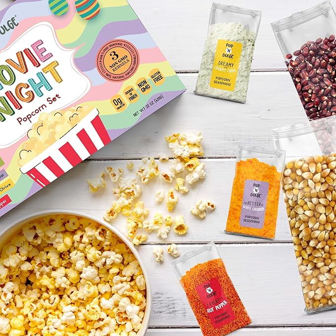 Easter Basket Stuffers Movie Night Popcorn Gift Set, Gourmet Popcorn Seasoning Variety Pack and Kernels, 3 Color Kernels and 5 Flavorings, Non-GMO, Gluten Free, Family Easter Gifts For Teens, Kids, Adults, 10 Pack