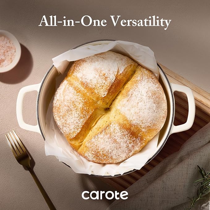 CAROTE 7QT White Enameled Cast Iron Dutch Oven Pot with Lid | Sourdough Bread Baking, Braising, Stews, Roasting, Healthy & Non-Toxic, Dual Handles, Oven Safe up to 500° F