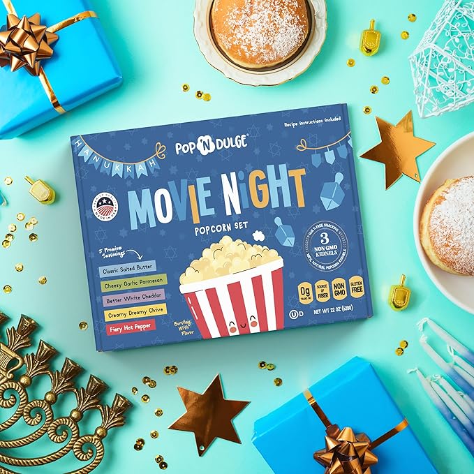 Hanukkah Gifts Movie Night Popcorn Gift Set, Kosher OU-D, Gift Baskets, 5 Gourmet Popcorn Kernels and 5 Flavoring, Non-GMO Hanukkah Set - 10 Pack, Gifts Ideas For Men, Women, Kids