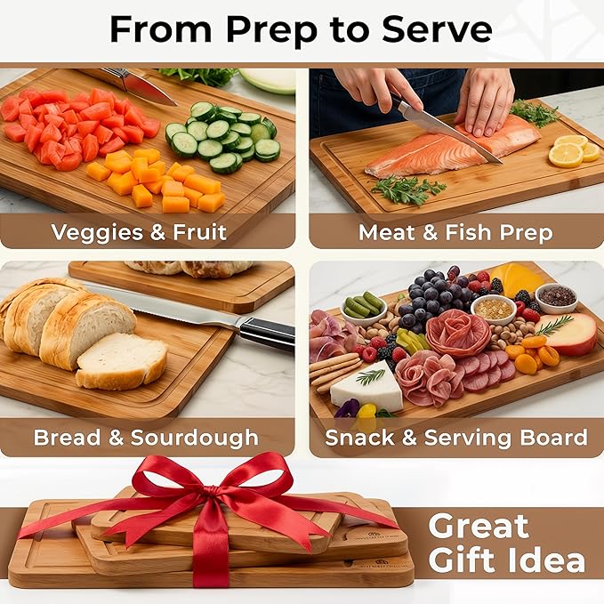 Wood Cutting Board Set of 3 with Holder - Sturdy & Easy to Clean Bamboo Wooden Cutting Boards for Kitchen - 3 Sizes of Chopping Board with Juice Grooves for Meal Prep, Everyday Use, Housewarming Gift