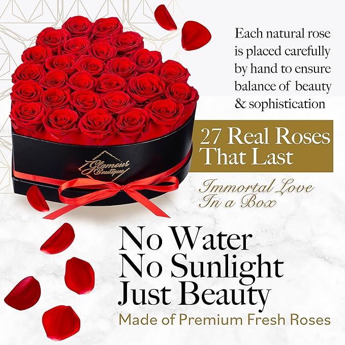 GLAMOUR BOUTIQUE 27 Flower Forever Heart Shape Box, for Mom, Eternal Preserved Roses Gift for Her, Long Lasting Flowers Bouquet, for Birthday, Anniversary and Girlfriend - Red