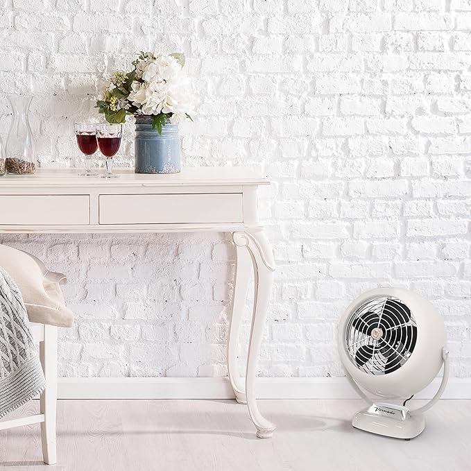 Vornado VFAN™ Vintage Air Circulator Fan, 3-Speed, Metal, Desktop Table Fan for Bedroom, Office, Cooling, with Adjustable Tilt Multi-Directional Airflow, Retro Design, Vintage White
