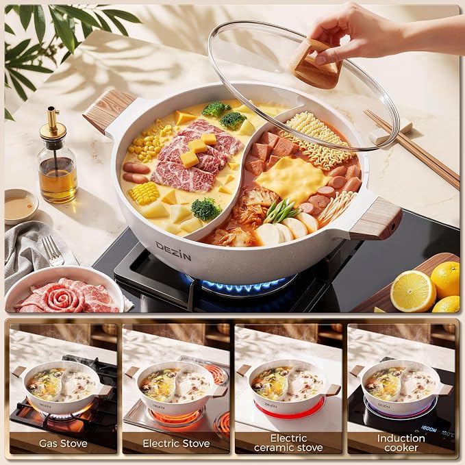 Dezin 5-QT Hot Pot with Divider, Double-flavor Shabu Shabu Pot, Divided Pot | Nonstick Granite Pot, 12"Divided Stockpot, Compatible with Induction Cooktop, Gas/Ceramic/Electric Stove, Soup Ladle Included