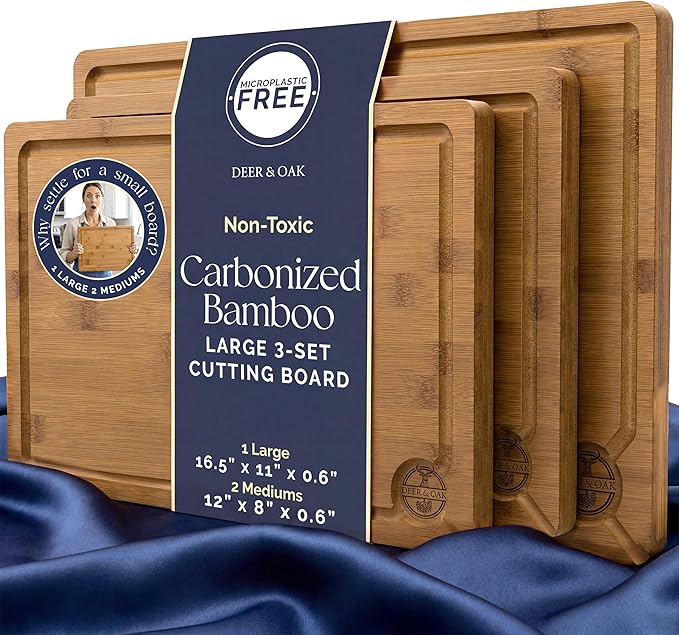 Pre-Oiled, Non Toxic 3-Piece Carbonized Bamboo Cutting Board Set, 500°F Carbonized Technology Eco-Friendly Wooden Chopping Boards for Kitchen with Juice Groove, Charcuterie Serving Boards Deer & Oak