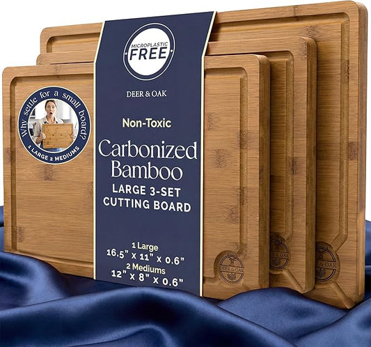 Pre-Oiled, Non Toxic 3-Piece Carbonized Bamboo Cutting Board Set, 500°F Carbonized Technology Eco-Friendly Wooden Chopping Boards for Kitchen with Juice Groove, Charcuterie Serving Boards Deer & Oak