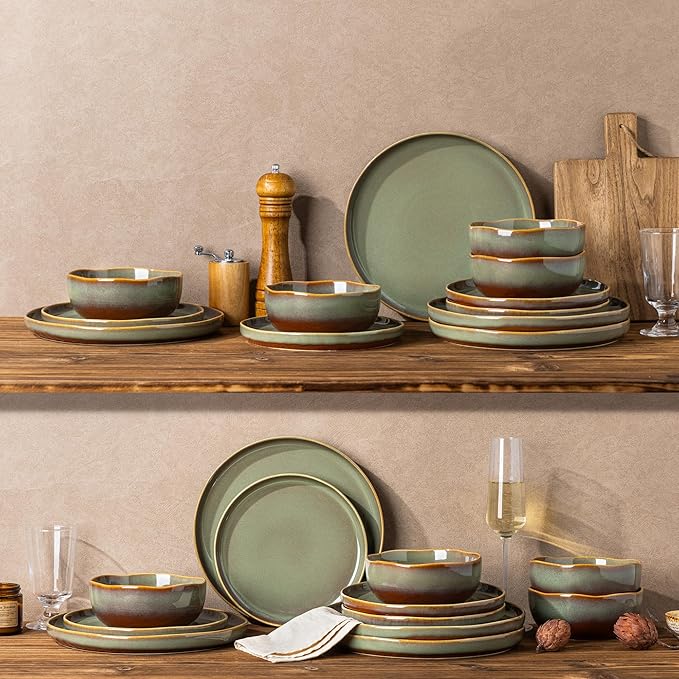 TheTerra Ceramic Dinnerware Sets for 4, 12 Pieces Handmade Reactive Glaze Plates and Bowls Sets, Scratch Resistant Dish Set, Oven & Microwave & Dishwasher Safe, Brown Green