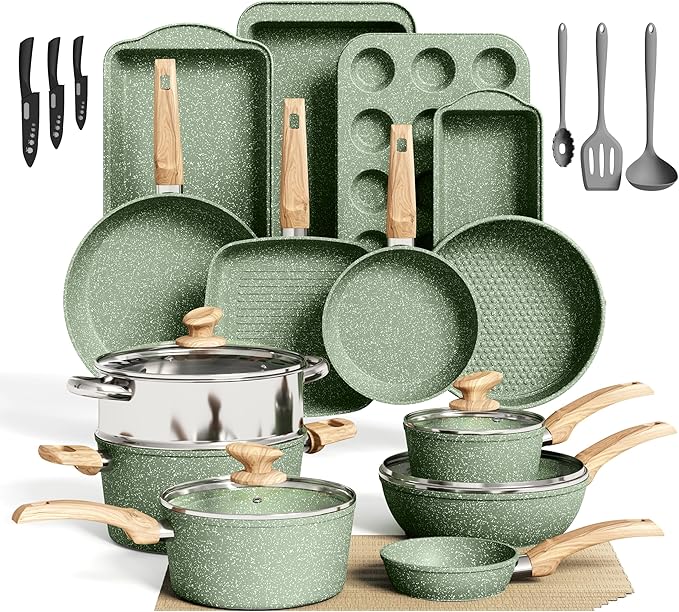 DishDelight Green Pots and Pans Set Non Stick, 30 Piece Induction Kitchen Cookware Sets for Cooking, Non Toxic Granite Pot and Pans Set, PFOA&PFOA Free