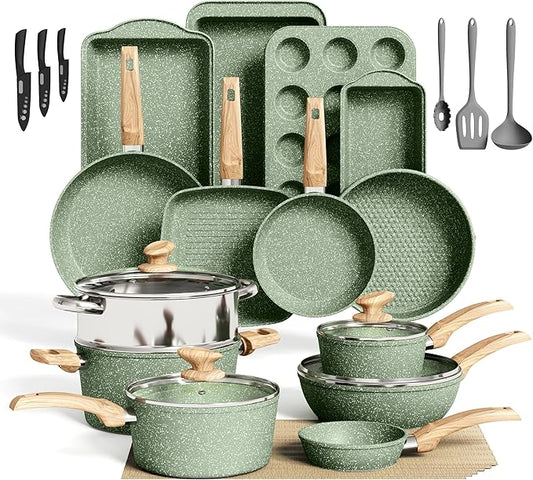 DishDelight Green Pots and Pans Set Non Stick, 30 Piece Induction Kitchen Cookware Sets for Cooking, Non Toxic Granite Pot and Pans Set, PFOA&PFOA Free