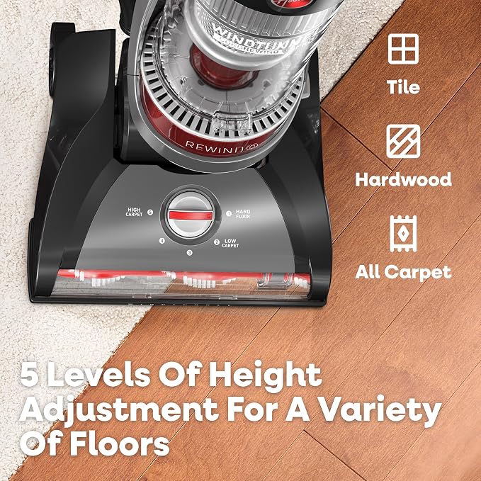 Hoover WindTunnel Cord Rewind Pro Bagless Vacuum Cleaner, Corded Upright Vacuum Cleaner for Carpet and Hard Floor, Multi-Cyclonic Filtration, 25ft Auto-Rewind Cord, 5-Height Adjustment