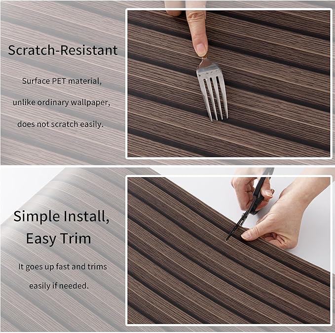 Haimin Wood Grain Slat Wall Panels Peel and Stick Faux Wood Thick Wallpaper 118"x15.75" Waterproof PET & IXPE Foam Paneling (Dark Brown)