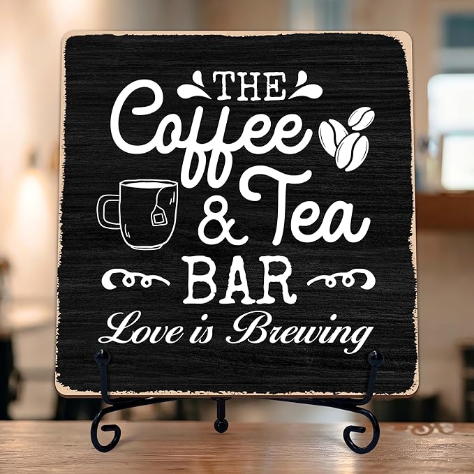 Coffee Bar Sign, Love is Brewing Farmhouse Tabletop Decor, Coffee and Tea Lover Gifts, 5x5 Wood Plaque with Iron Stand for Home Kitchen Cafe, Coffee Bar Decor – L01