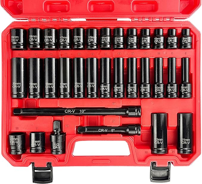 EACELIY 33pcs 1/2" Impact Socket Set (8-22mm), Metric Socket Set, Cr-V Steel, 6 Point Deep & Shallow Sockets, with 5" 10" Extension Bars and 1/2" Universal Joint
