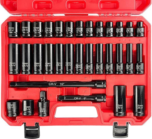 EACELIY 33pcs 1/2" Impact Socket Set (8-22mm), Metric Socket Set, Cr-V Steel, 6 Point Deep & Shallow Sockets, with 5" 10" Extension Bars and 1/2" Universal Joint
